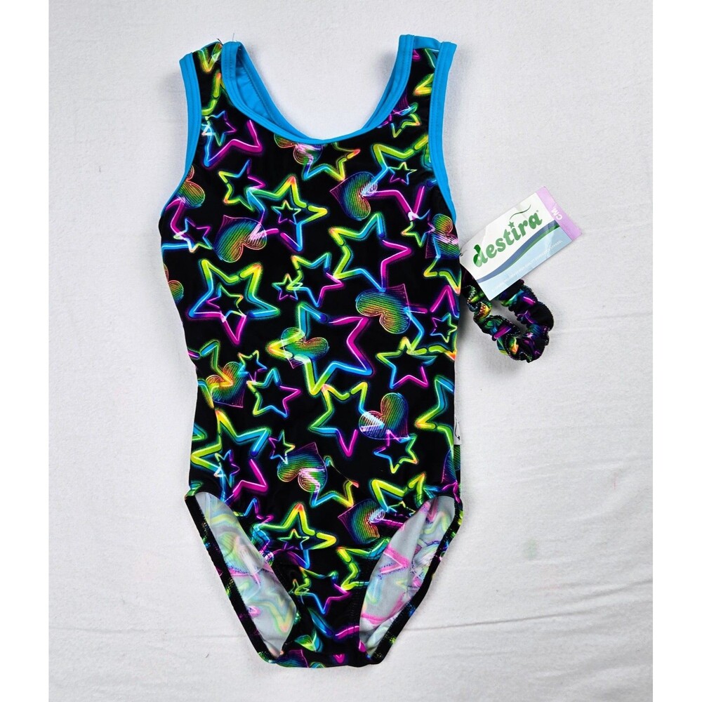 NWT Destira Neon Lights Gymnastics Leotard Medium Power Racer Back Scrunchie